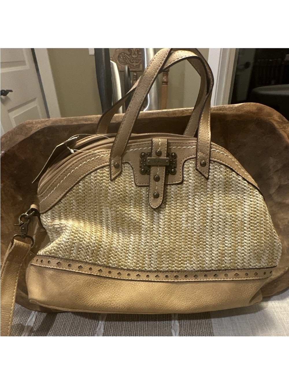 NWT b.o.c. Born Concepts Farrell Hill Straw & Vegan Leather Satchel Crossbody Bg